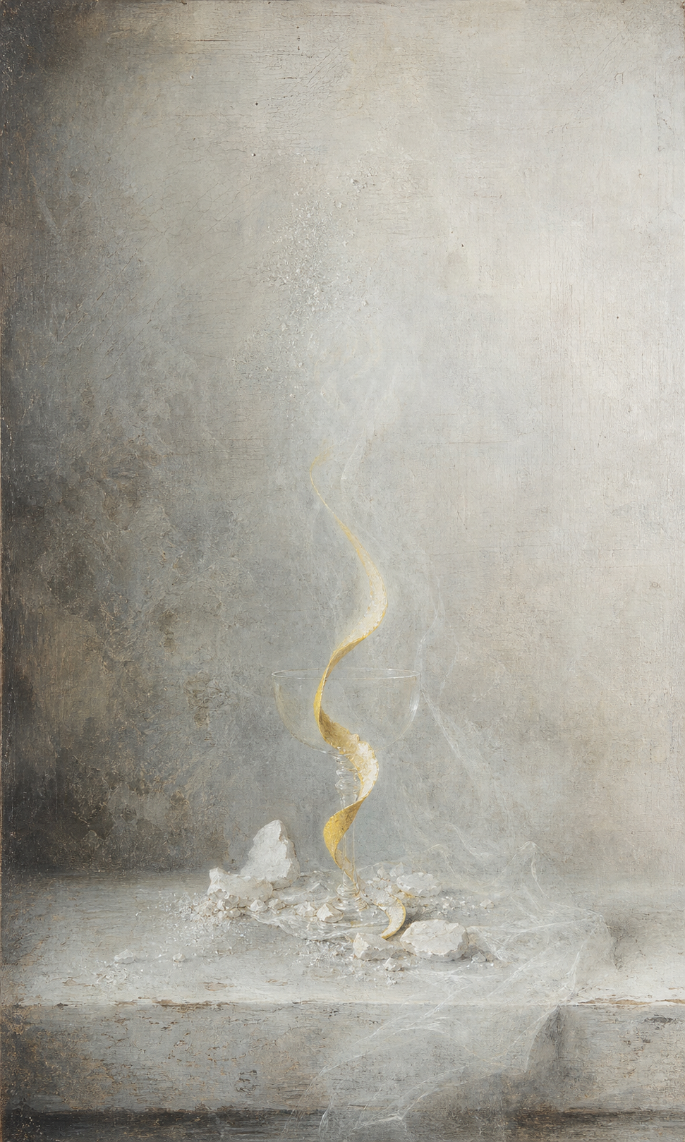 Pale painted vanitas of a curling lemon ribbon, white fragments and a dissolving veil
