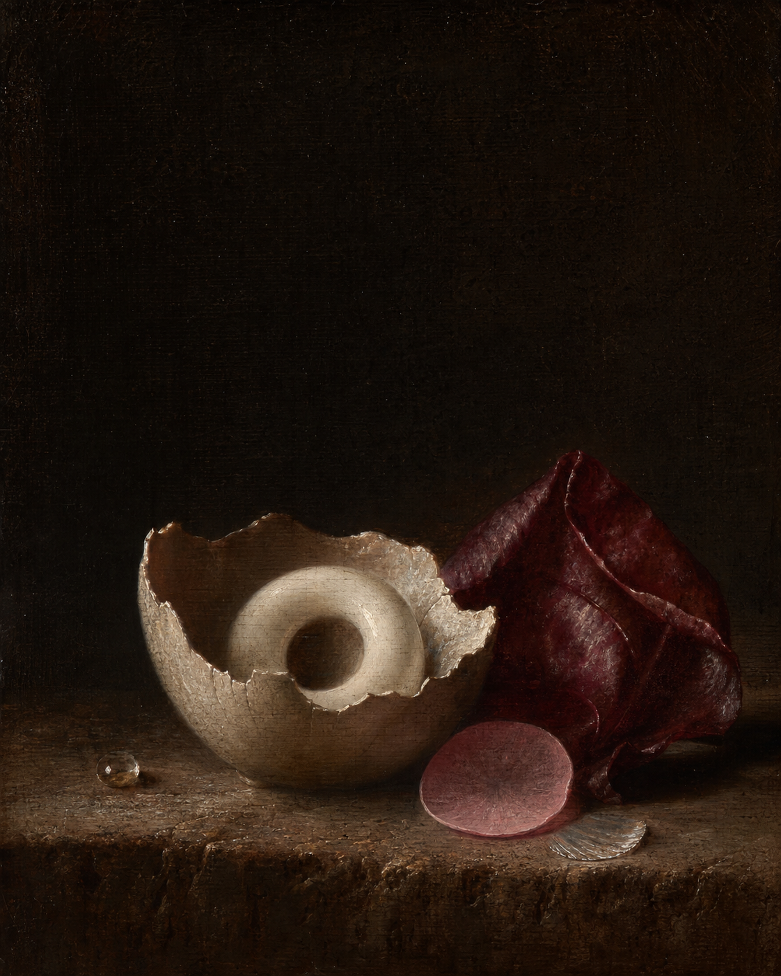 Painted vanitas of a cracked pale vessel, burgundy leaf and silver fragment