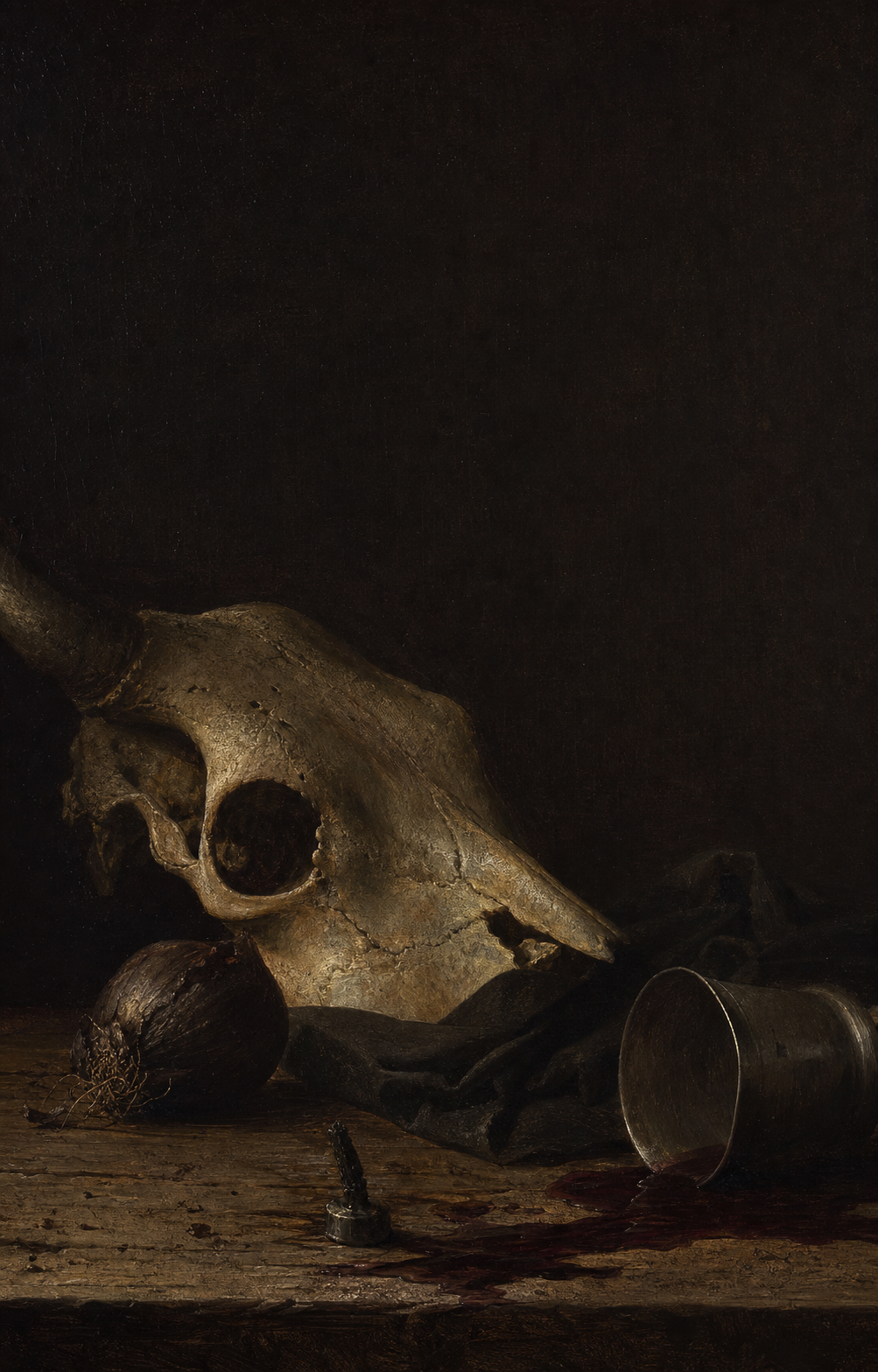 Painted vanitas of a cattle skull, black cloth, dark wine and an extinguished wick