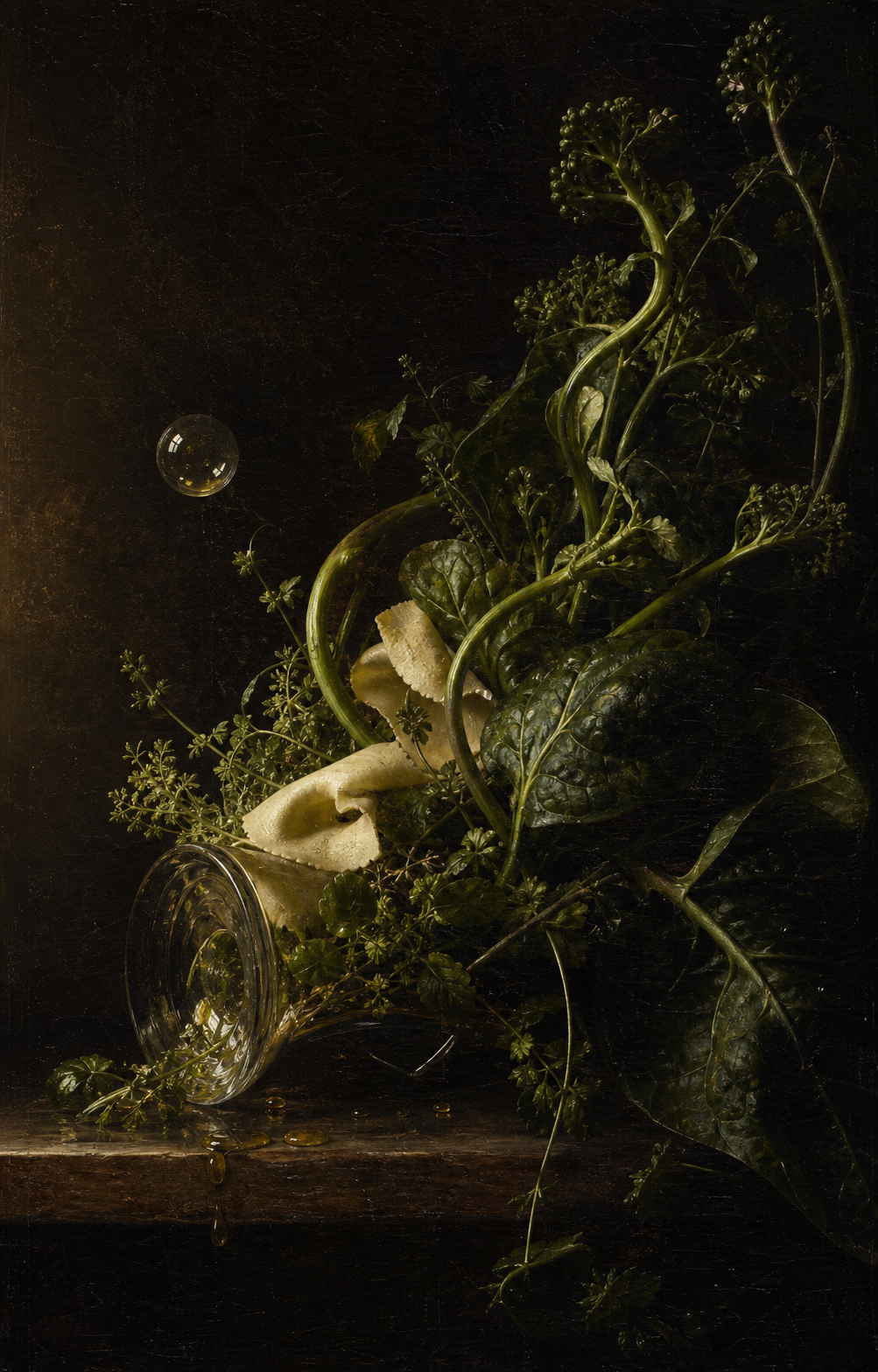 Painted vanitas of abundant winter vegetation growing around an overturned glass