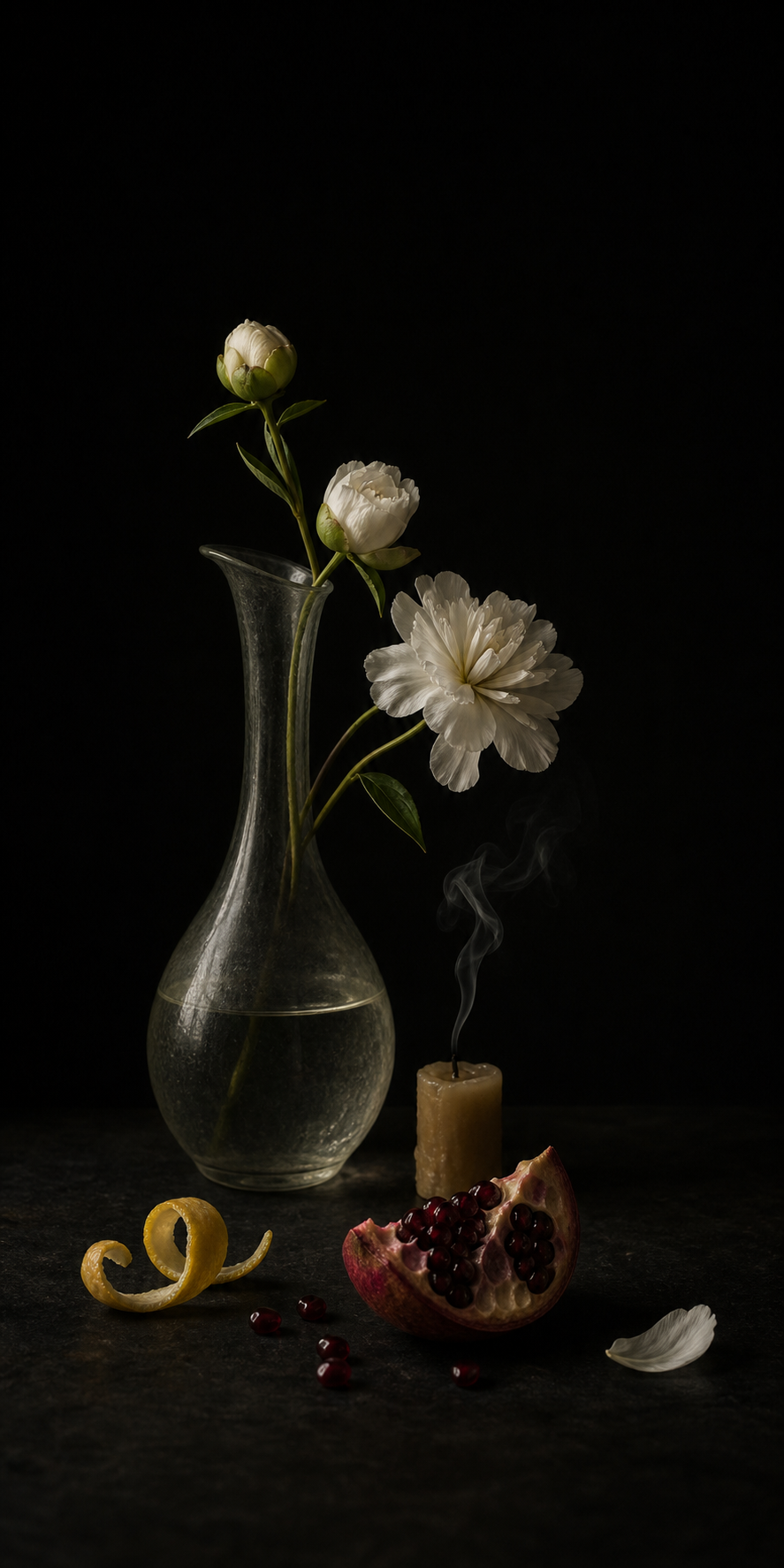 A contemporary vanitas still life of white flowers, an extinguished candle, pomegranate and curling citrus peel in darkness
